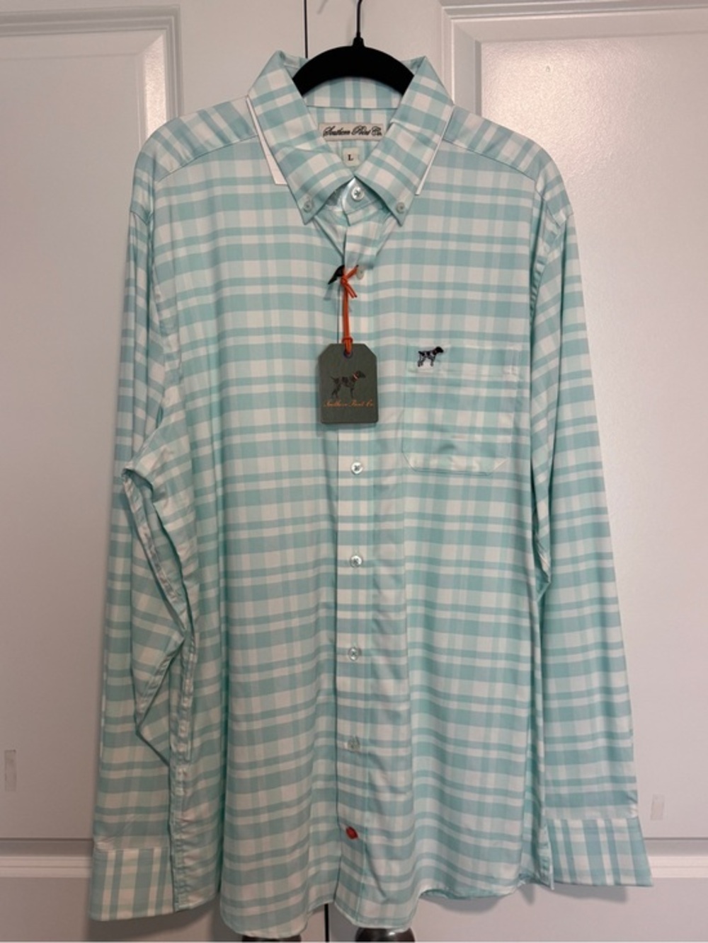 Southern Point Co Bermuda Plaid Pool Water Stretch Button Down Shirt Men’s L NWT - Picture 1 of 4